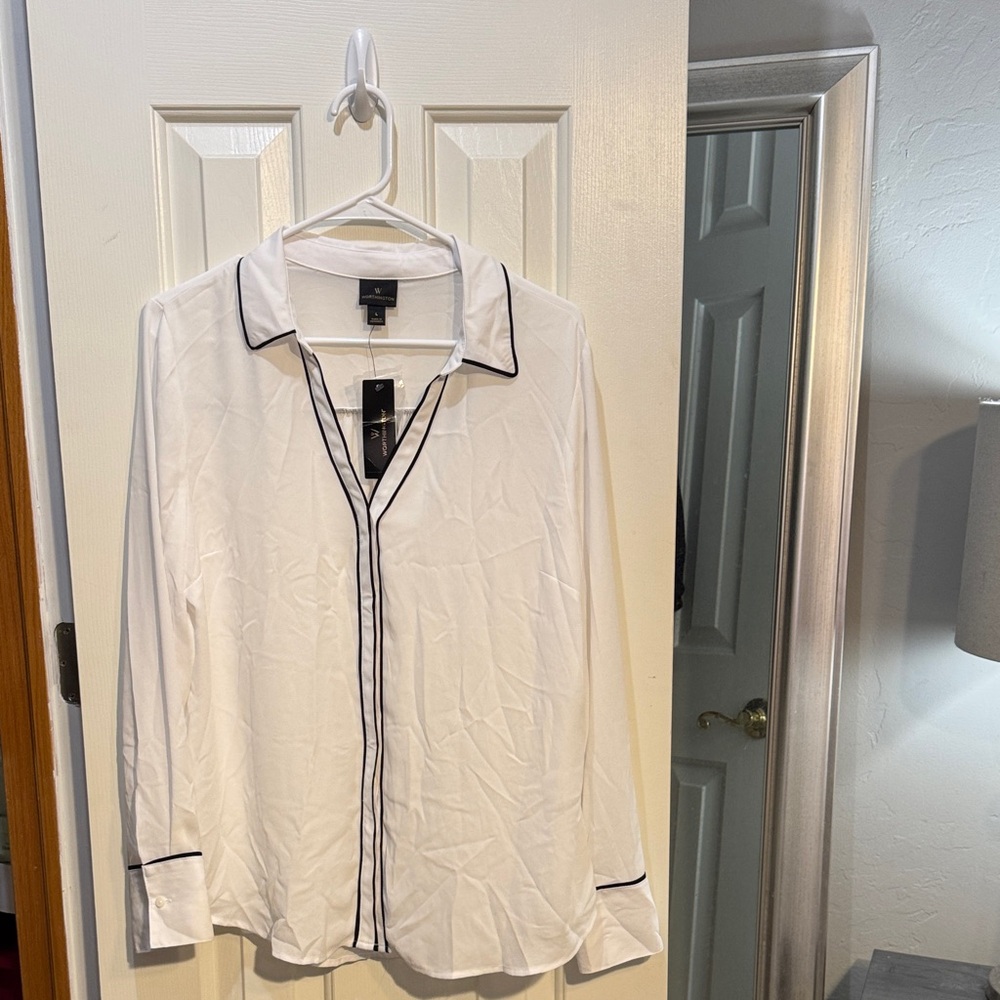 Worthington White Button Down Shirt with Black Trim